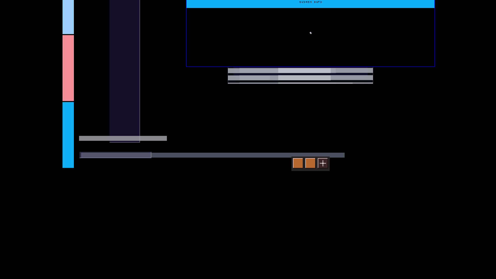 Live HDMI capture of the Pi 3B: a titled SYSTEM INFO application window rendered on the desktop, with a two-app dock and the tag rail, on a still-sparse canvas