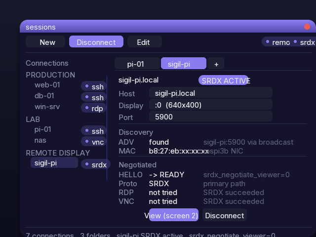 Session Manager REMOTE DISPLAY folder — sigil-pi SRDX session with proto chips and negotiate button