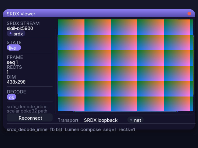 viewer.sg blit-order fix — SRDX decode live, Lumen chrome composited on top