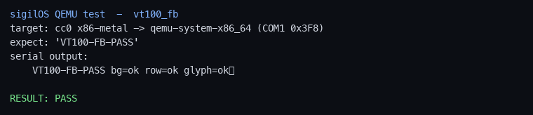 VGA text console (vt100/vga_text driver) — 80×25 color text PASS x86